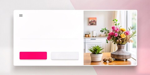 Modern Website Layout with Floral Decor. This image showcases a modern website template with a sleek design, featuring a vibrant floral arrangement in a well-lit room, ideal for lifestyle or home. 