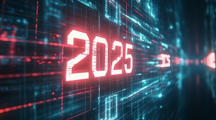 Illuminated "2025" Hologram on Futuristic Grid Background - Technological Innovation and Digital Concept