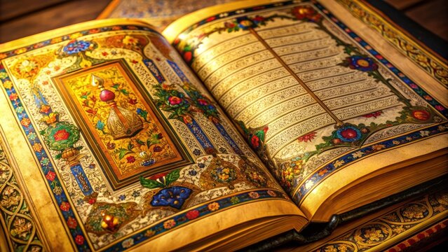 Intricately illuminated ancient manuscript pages adorned with ornate calligraphy, golden filigree, and delicate illustrations, exuding wisdom and historical significance.