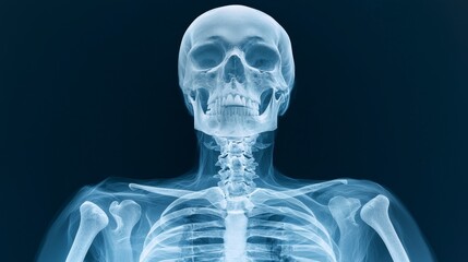 Detailed X-ray image of a human skeleton showcasing the structure and alignment of bones.