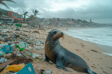 Sea Lion Resting on a Beach Covered in Plastic Pollution