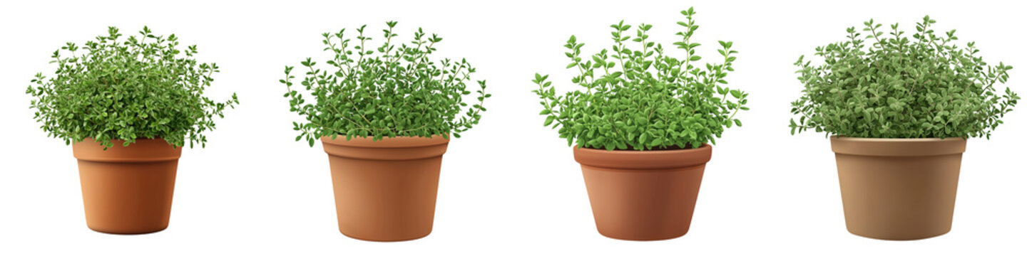 A collection of vibrant green herb plants in various terracotta pots, perfect for home gardening and kitchen decor.