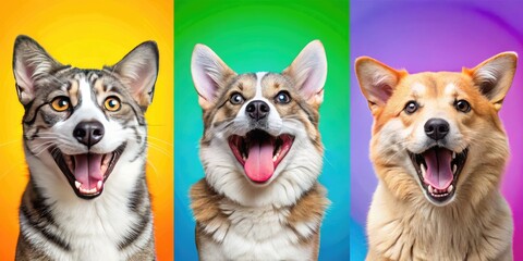 A playful collage of humorous memes and quirky photographs showcasing a laughing cat, silly dog, and absurd internet jokes on a colorful background.