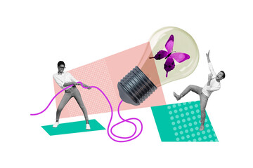 Collage 3d image of pinup pop retro sketch of female pulling electric bulb lamp light butterfly...