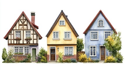 Watercolor Painting of Three Charming Houses with Brick Details and Lush Greenery