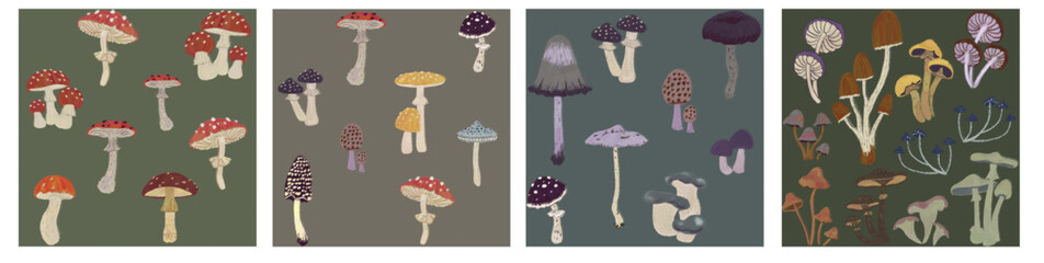 Set of seamless autumn mushroom patterns for the design of children's cards, wallpaper, paper, gifts.