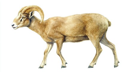 Fototapeta premium Watercolor Illustration of a Brown Mountain Goat with Curved Horns