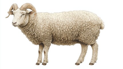 Fototapeta premium White Sheep with Curved Horns Standing on White Background