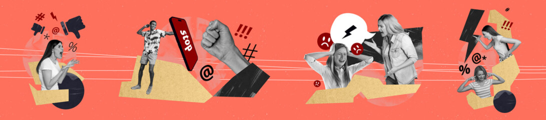 Creative abstract template collage panorama of cyberbullying victim virtual connection pressure...