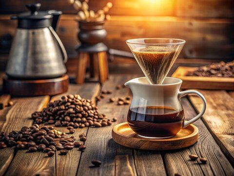 A pour-over coffee dripper sits atop a ceramic cup on a rustic wooden table, surrounded by coffee beans and a warm morning light ambiance.