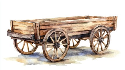 Fototapeta premium Rustic Wooden Wagon Wheel Cart Watercolor Illustration