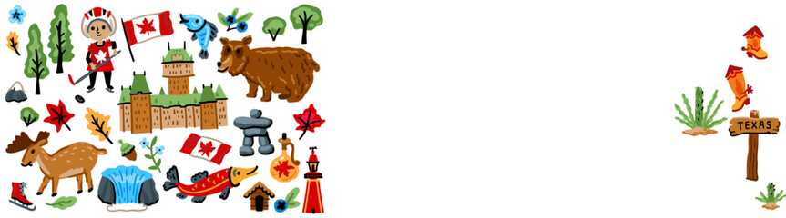 Symbols of Canada. Nature, animals, characters, objects. For maps and children's designs. Travel landmarks illustrations. Cartoon style. Childish artwork. A set of North American elements.