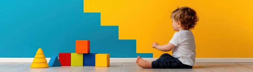 Obraz premium A young child plays on the floor with colorful wooden toys, promoting creativity and fine motor skills in a bright, inviting environment