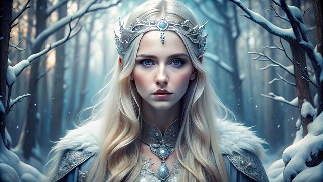 A Regal Woman With Pale Skin, Flowing Blonde Hair, And Icy Blue Eyes Stands In A Frost-Covered Forest, Her Gaze Intense And Piercing.