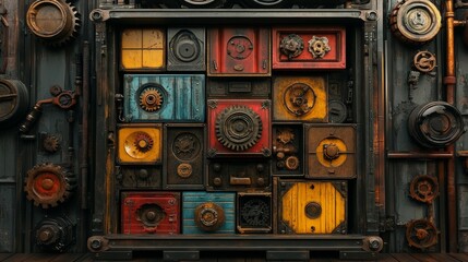 A steampunk-inspired scene of a pallet loaded with colorful metallic crates, gears and cogs subtly embedded, symbolizing an industrial inventory system, Steampunk, Metallic, 3D Illustration