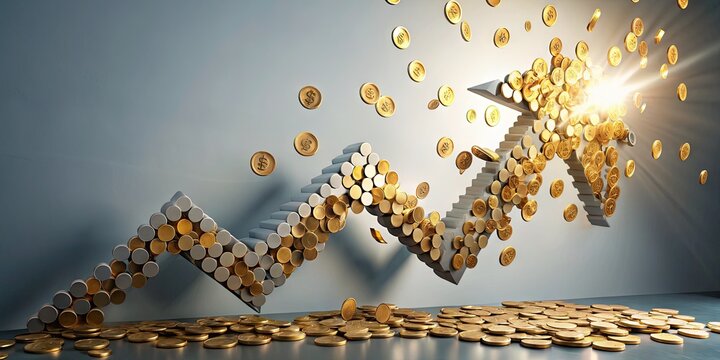 A rising arrow composed of coins and dollar signs breaks through a ceiling, symbolizing increased revenue and profits in a thriving business environment.