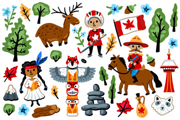 Symbols of Canada. Nature, animals, characters, objects. For maps and children designs. Travel landmarks illustrations. Cartoon style. Childish artwork. A set of North American elements.
