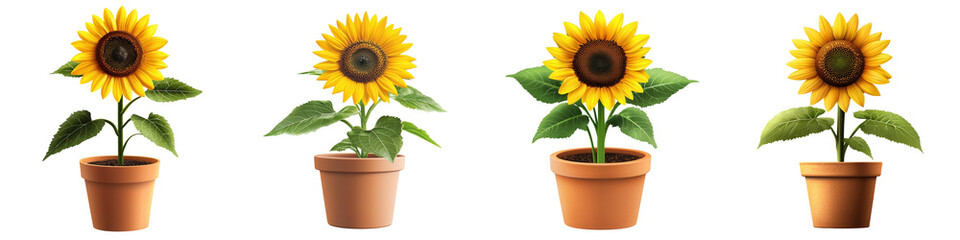 Obraz premium A vibrant collection of sunflowers in pots, showcasing their cheerful yellow blooms and green leaves, perfect for summer themes.