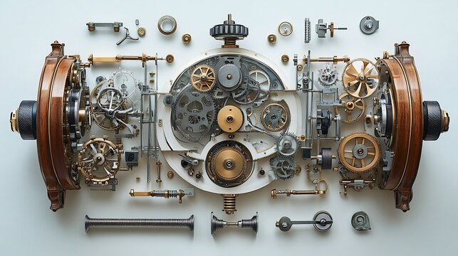Exploded view of mechanical clock illustrating all its internal gears springs and mechanisms
