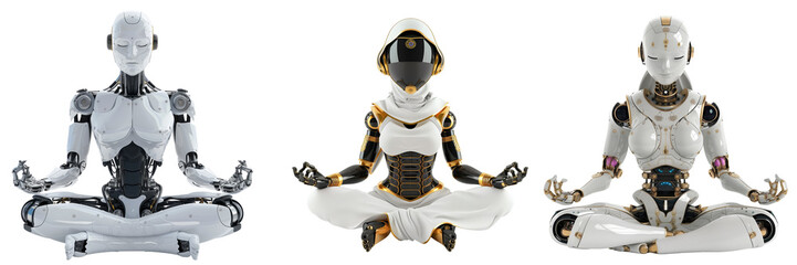Robot doing yoga in dress of indian pandit, on isolated transparent background