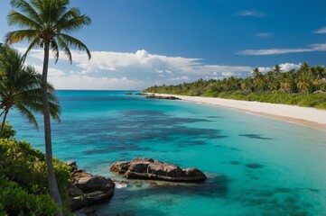 Fototapeta premium Tropical beach with stunning scenery, palm trees, crystal clear water and blue sky.