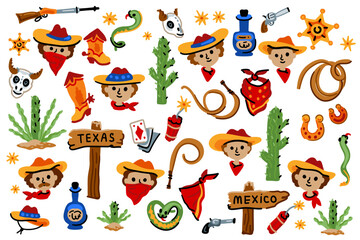 Set of cowboy characters, American Wild West Collection. For children room designs. Rodeo. Cacti, snakes, lasso, boys faces