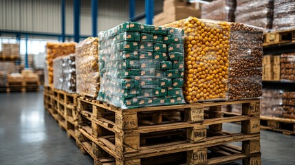 A wooden pallet loaded with various packaged food items, representing a modern food supply chain in a warehouse setting, with industrial elements in the background