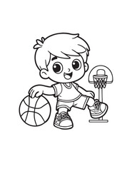 Illustration Coloring draw child playing boy in basketball field black and white version good for kids