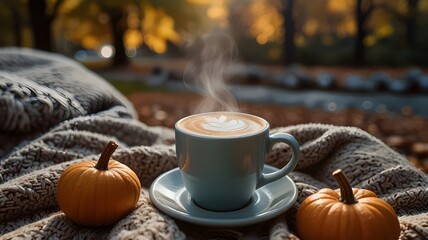 Steaming Hot Cup of Coffee with Blankets, Outdoor Autumn Setting