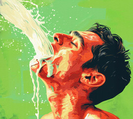 Man enjoys his loves milk. Wet guy swallows a white milk liquid stream into mouth. (drawing with oil paint strokes)