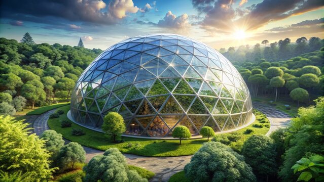 Magnificent transparent geodesic dome surrounded by lush greenery, symbolizing harmony between technology and nature in a futuristic sustainable ecosystem concept.