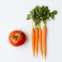 Fresh, colorful vegetables on white background. A vibrant red tomato, crisp orange carrots, and a stalk of green parsley artfully arranged on a clean white