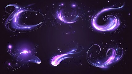 Cosmic Shimmering Silver-Blue Light Effect Vector Set on Dark Plum Background with Gentle Swirls and Glittering Effects