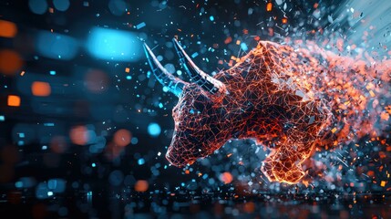 A dynamic digital bull with sharp angular features bursts through a digital wall of resistance, symbolizing the bold and aggressive act of breaking through market barriers.