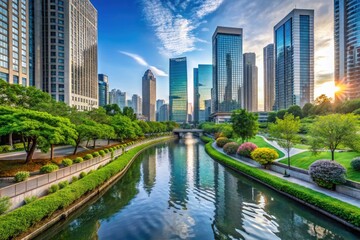 A serene urban landscape featuring a tranquil river flowing through the heart of a modern city, surrounded by sleek skyscrapers and lush greenery.