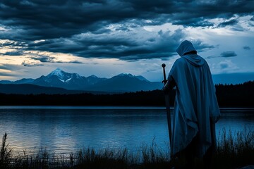 Fototapeta premium He is posing near the water during sunset with the sword in a white costume.