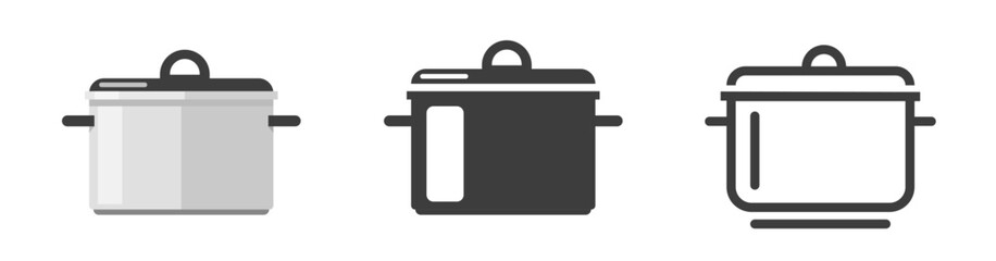 Cooking pot icon vector flat cartoon and line outline stroke simple graphic illustration set, kitchen pot saucepan pictogram sign, kitchenware utensil silhouette shape image clip art  
