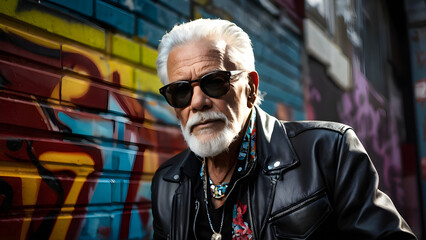 Fototapeta premium serious stylish elderly mexican man in sunglasses in black leather jacket in colorful clothes on street against graffiti wall background, gray hair and beard, old age, 60 70 years, elegant, fashion