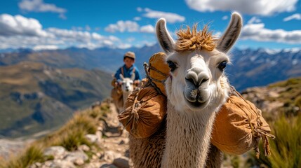 Obraz premium A close-up of a llama with mountain scenery in the background, showcasing the beauty of nature and outdoor exploration.