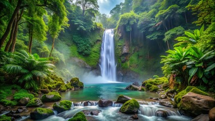 Fototapeta premium Majestic tropical waterfall cascades down lush green rocks surrounded by vibrant flora and misty atmosphere in a tranquil Costa Rican rainforest setting.