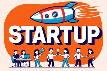 Obraz premium Orange background with rocket and word startup and several people working, business concept.