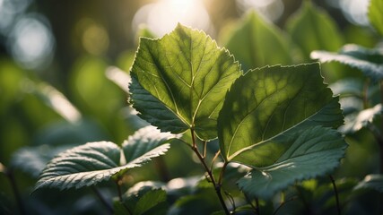 Green leaves with sunlight filtering through.