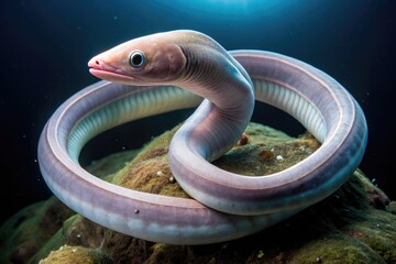 Fototapeta premium A slimy, eel-like hagfish swims through murky ocean waters, its pinkish-gray body undulating as it searches for carrion to feed on in the dark depths.