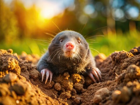 A small, furry mole peers out of its burrow, its snout and twitching whiskers illuminated by a shaft of warm sunlight filtering through the soil.