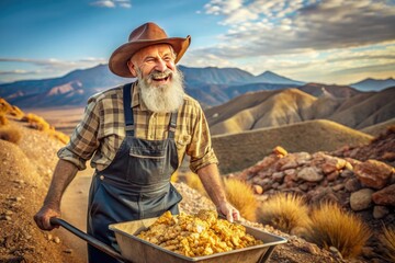 A smiling, bearded prospector, dressed in overalls and a floppy hat, enthusiastically pushes a rickety cart overflowing with glittering gold nuggets through a vibrant desert landscape.