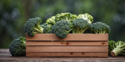 Fresh Broccoli Harvest in a Wooden Crate.