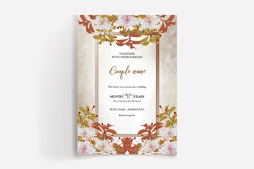 WEDDING INVITATION FRAME WITH FLOWER DECORATIONS WITH FRESH LEAVES