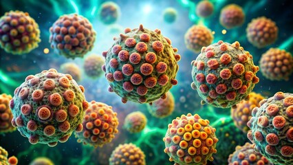 Microscopic view of malignant lung cancer cells, irregular shapes and multiple nuclei, infiltrating healthy tissue, representing aggressive and uncontrolled cellular growth and division.
