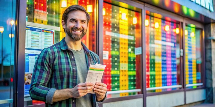 A smiling customer holds a ticket stub and stands in front of a colorful box office window displaying show schedules and prices at a vibrant theater.