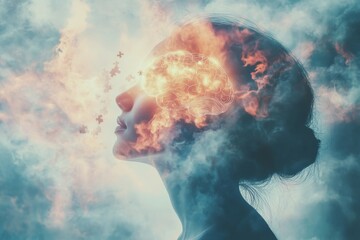 Neural mirroring Synaptic connection Dreamlike scene of a woman with her head in the clouds symbolizing imagination and the ethereal nature of thoughts in a surreal misty environment